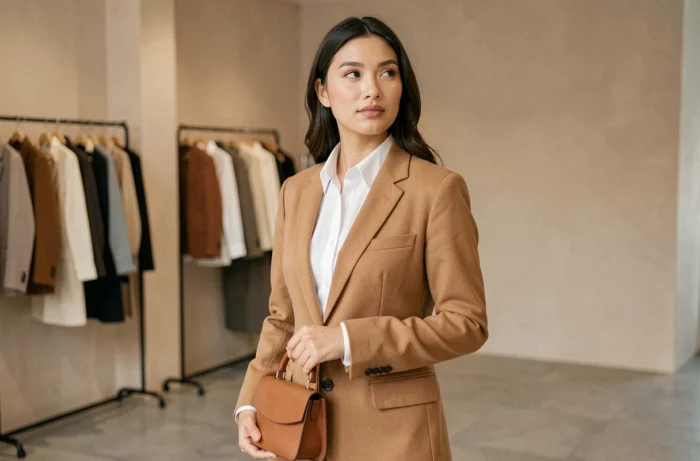 Femme élégante en blazer camel dans une boutique de mode parisienne minimaliste, tenant un sac en cuir structuré