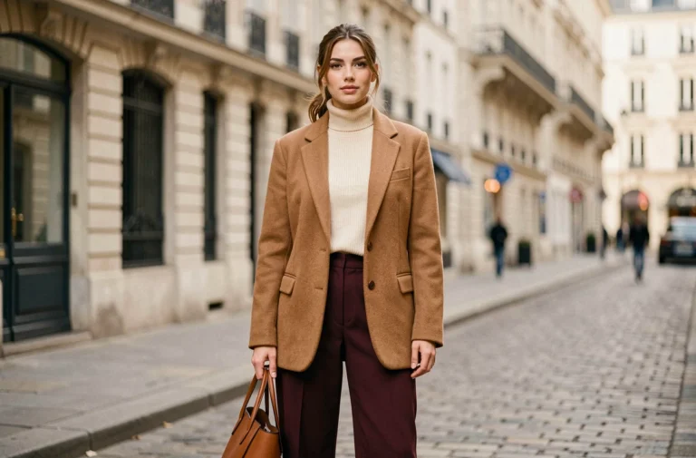 Femme élégante portant un blazer camel oversize et un pantalon large bordeaux dans une rue parisienne pavée, tendances mode automne-hiver
