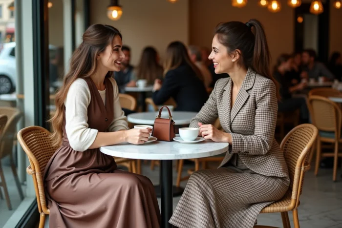 Deux femmes tendance discutant autour d'un café dans un bistrot parisien, arborant des tenues mode de saison contrastées