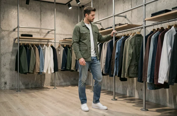 Homme en veste utilitaire verte feuilletant des vêtements dans un concept store minimaliste, tendances mode masculine printemps