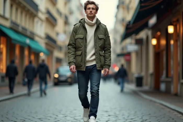 Jeune homme stylé en veste utilitaire et sneakers chunky marchant dans une rue pavée européenne en automne