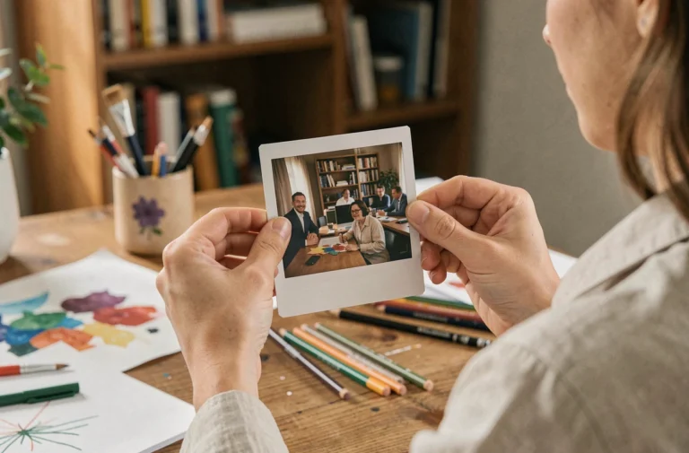 Jeune femme tenant délicatement une photo Polaroid par les bords blancs pour la laisser sécher correctement
