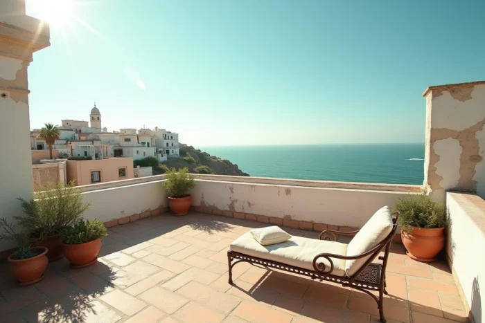 Terrasse d'une maison à louer à Essaouira avec vue sur le jardin et l'océan Atlantique, ambiance authentique et reposante