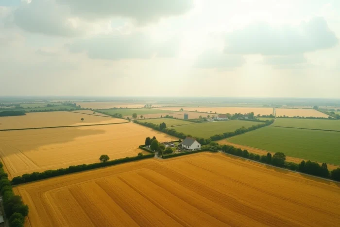 Vastes terres agricoles françaises à perte de vue représentant la concentration de la propriété foncière en France avec champs de blé et exploitation rurale