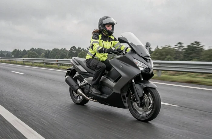 Yamaha TMAX 750 en circulation sur autoroute européenne avec pilote en tenue de sécurité homologuée