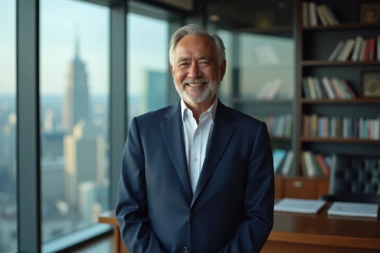 Portrait d'un homme d'affaires distingué en costume bleu marine dans un bureau exécutif moderne avec vue sur la ville