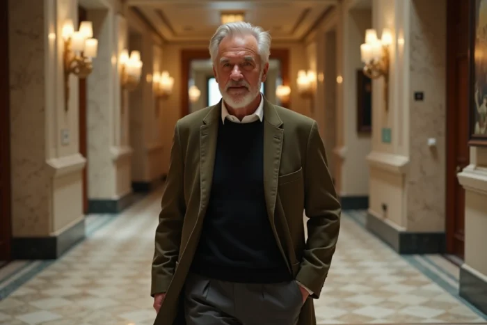 Homme influent en veste sport olive marchant dans le couloir d'un bâtiment culturel prestigieux