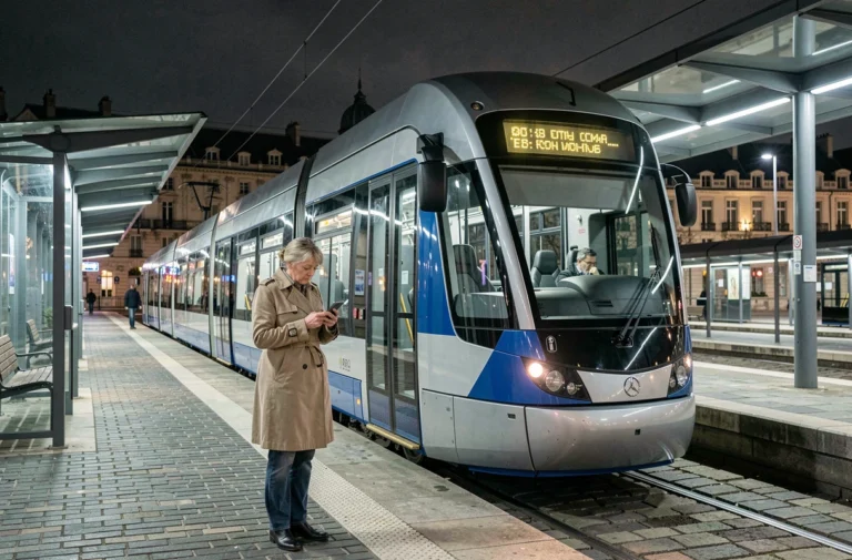 Tramway de Bordeaux à un arrêt de nuit avec une passagère consultant ses horaires sur son téléphone