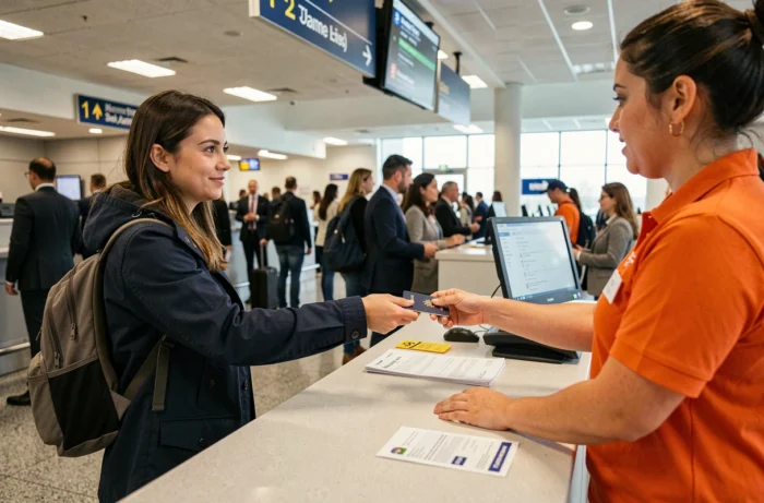 Passagère remettant son passeport à un agent easyJet au comptoir d'enregistrement pour vérification du nom