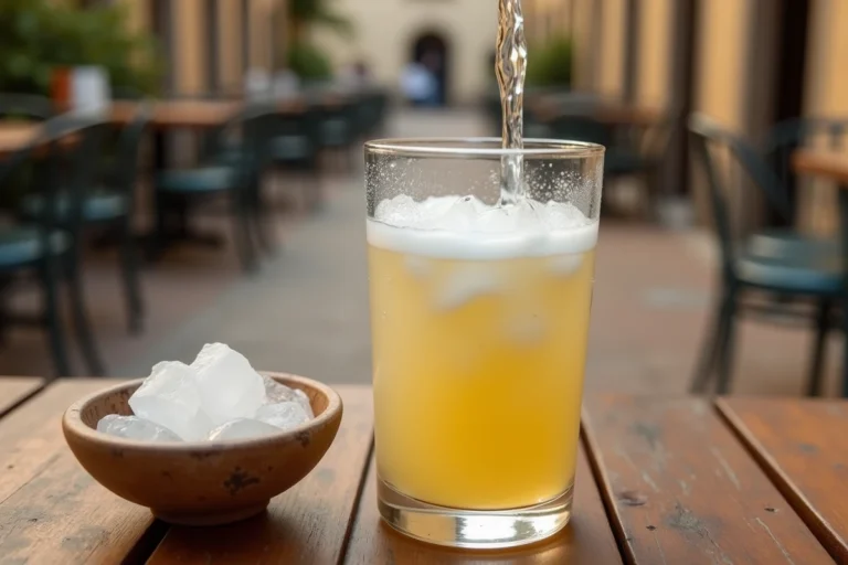 Verre de pastis avec effet de louche naturel sur une table de café en bois patiné, illustrant les effets du Ricard sur la santé
