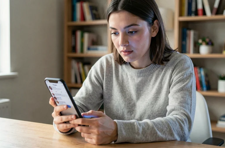 Jeune femme consultant ses invitations envoyées sur Instagram depuis son smartphone au bureau