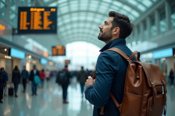 Voyageur avec sac à dos dans un aéroport international regardant les tableaux de départ