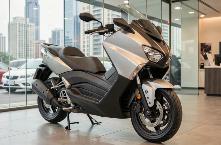 Yamaha TMAX 750 neuf exposé dans une concession moderne avec carrosserie métallique et finitions soignées