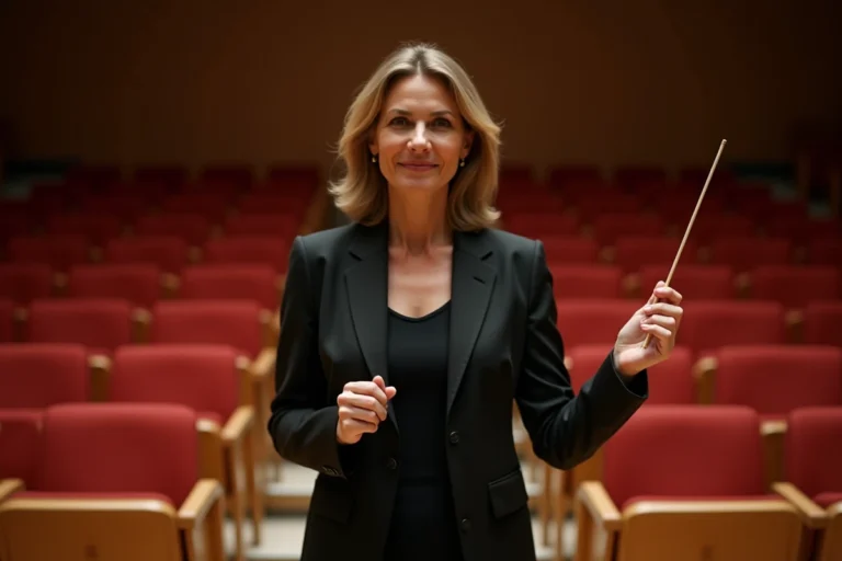 Zahia Ziouani cheffe d'orchestre sur scène avec sa baguette dans une salle de concert vide